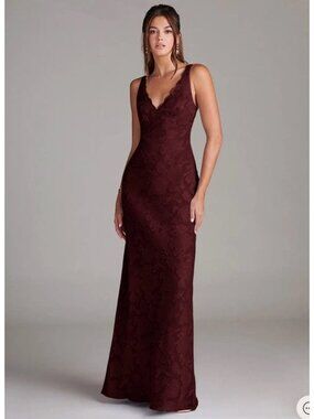 Azazie Carbernet Tianna Velvet Burnout Lace Burgandy Floor Sheath Dress XS A2